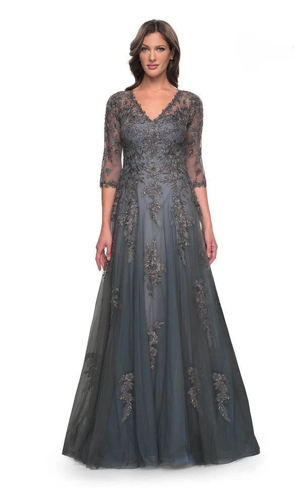 A-line V-Neck Floor-Length Tulle Lace Mother of the Bride Dress With Sequins