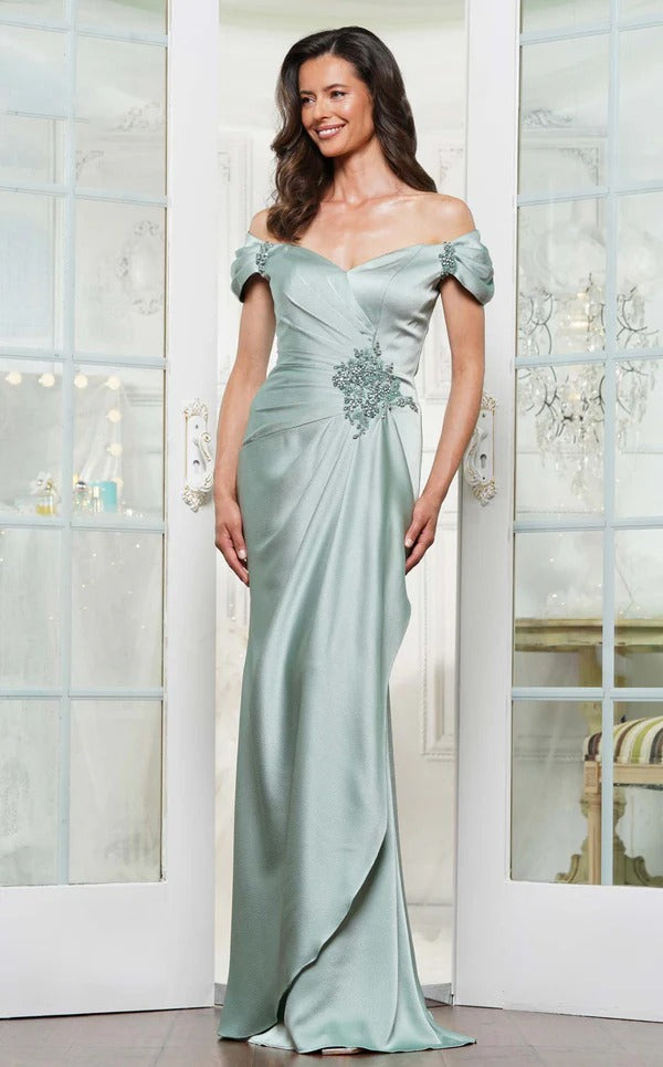 Trumpet/Mermaid Off the Shoulder Sweep Train Satin Prom Dresses With Pleated