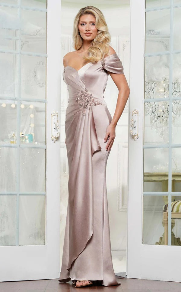 Trumpet/Mermaid Off the Shoulder Sweep Train Satin Prom Dresses With Pleated