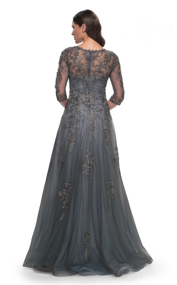 A-line V-Neck Floor-Length Tulle Lace Mother of the Bride Dress With Sequins