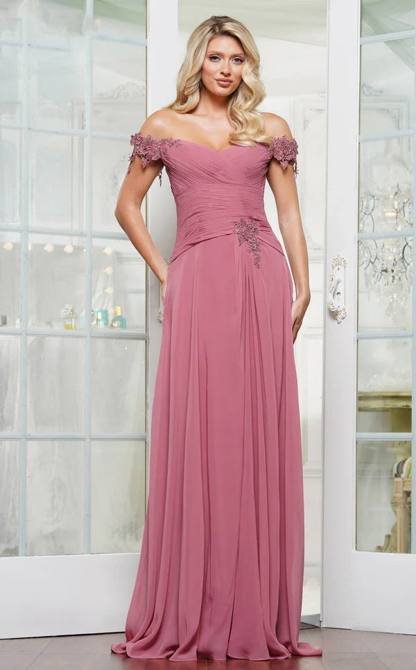 A-line Cold Shoulder Lace Sleeves Floor-Length Chiffon Mother Of The Bridesmaid Dress