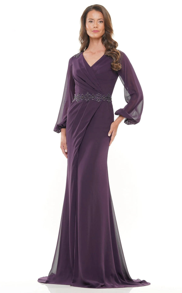 Surplice Neckline Long Mother Of The Bridesmaid Dress with Balloon Sleeve