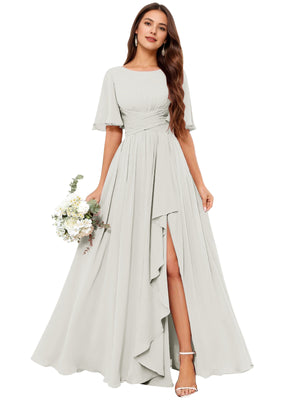 A-line Scoop Floor-Length Chiffon Bridesmaid Dress With Slit