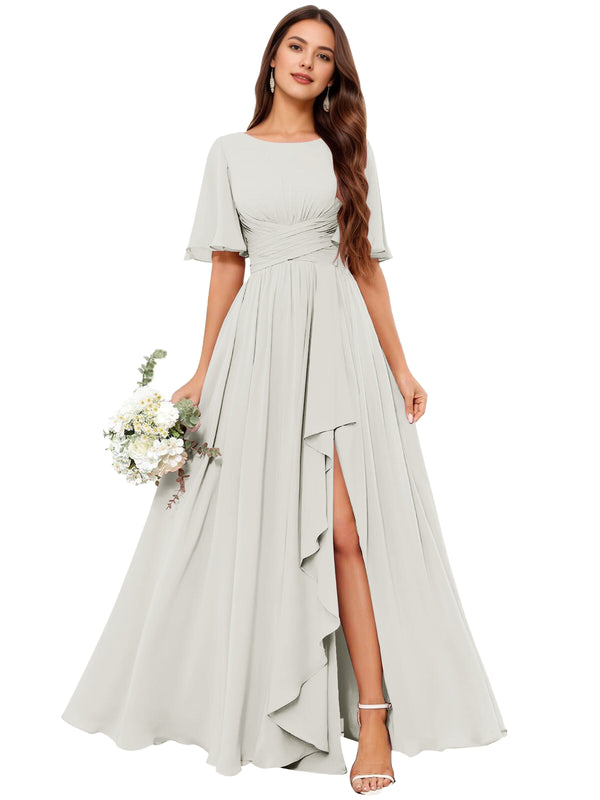 A-line Scoop Floor-Length Chiffon Bridesmaid Dress With Slit