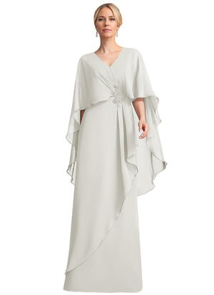 A-line V-Neck Floor-Length Chiffon Mother of the Bride Dress With Cascading Ruffles Beading