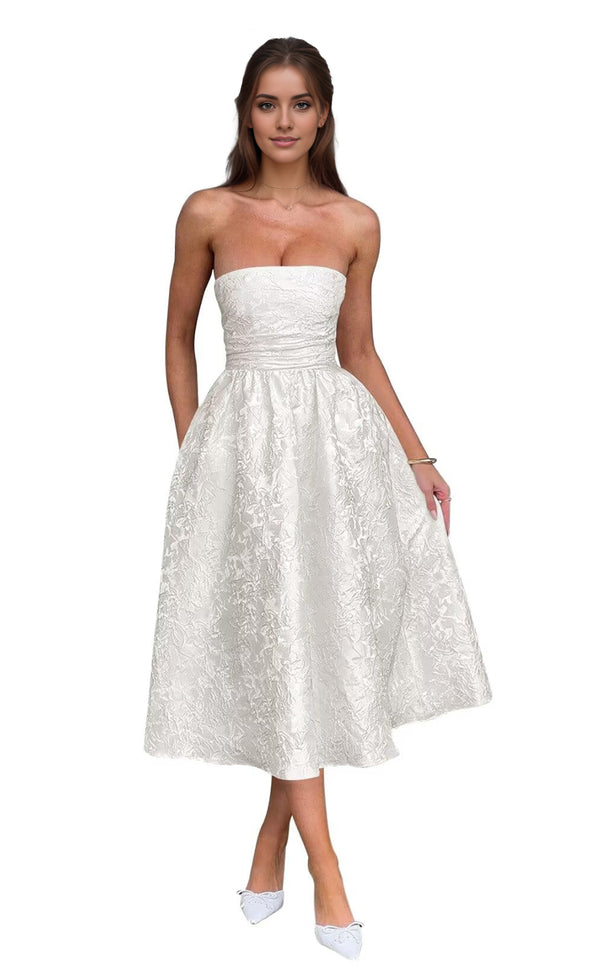 A-Line Strapless Tea-Length Jacquard Prom Dresses