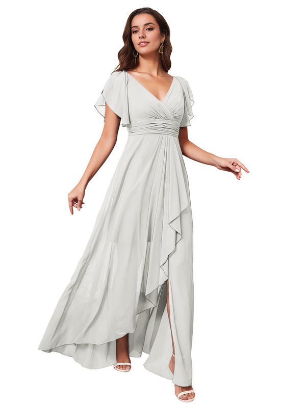 A-line V-Neck Floor-Length Chiffon Bridesmaid Dress With Ruffle