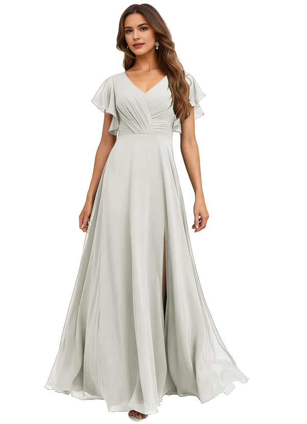 A-line V-Neck Floor-Length Chiffon Bridesmaid Dress With Ruffle