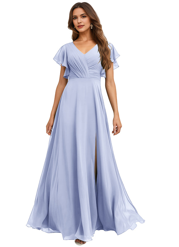 A-line V-Neck Floor-Length Chiffon Bridesmaid Dress With Ruffle