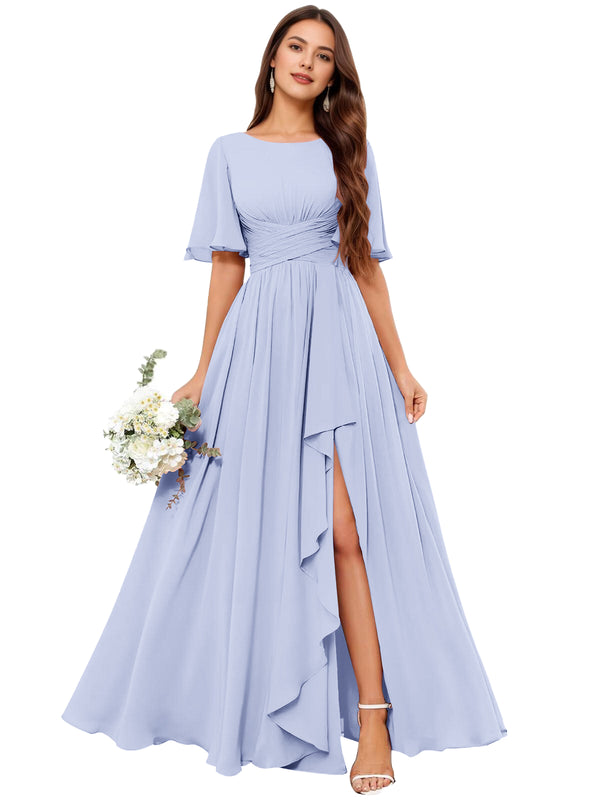 A-line Scoop Floor-Length Chiffon Bridesmaid Dress With Slit