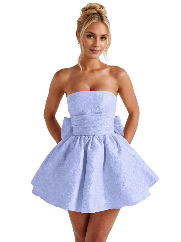 A-Line Strapless Short Jacquard Prom Dresses With Bow
