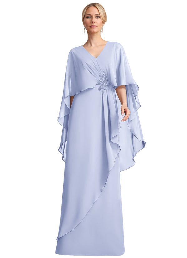 A-line V-Neck Floor-Length Chiffon Mother of the Bride Dress With Cascading Ruffles Beading