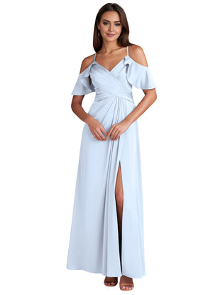 A-line Cold Shoulder Floor-Length Satin Bridesmaid Dress With Ruffle