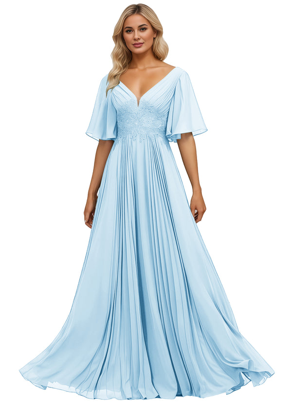 A-line V-Neck Floor-Length Chiffon Mother of the Bride Dress With Sequins Appliques Lace Pleated