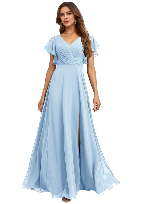 A-line V-Neck Floor-Length Chiffon Bridesmaid Dress With Ruffle