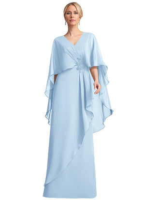 A-line V-Neck Floor-Length Chiffon Mother of the Bride Dress With Cascading Ruffles Beading