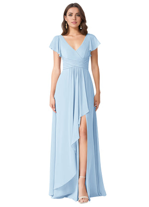 A-line V-Neck Floor-Length Chiffon Bridesmaid Dress With Ruffle