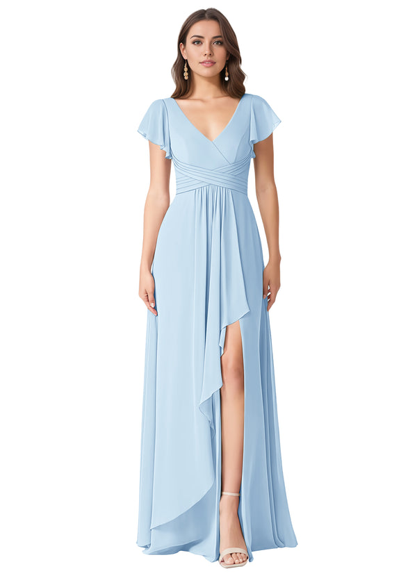 A-line V-Neck Floor-Length Chiffon Bridesmaid Dress With Ruffle