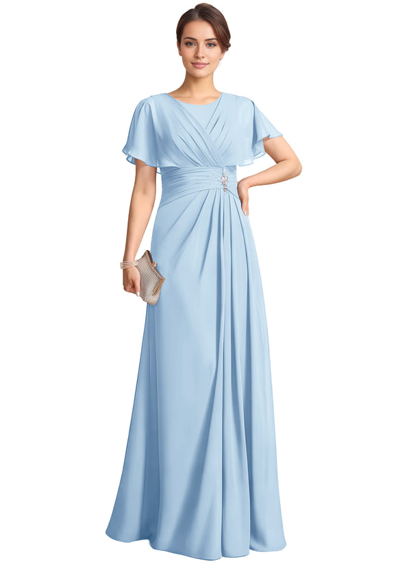A-line Scoop Floor-Length Chiffon Mother of the Bride Dress With Pleated Beading