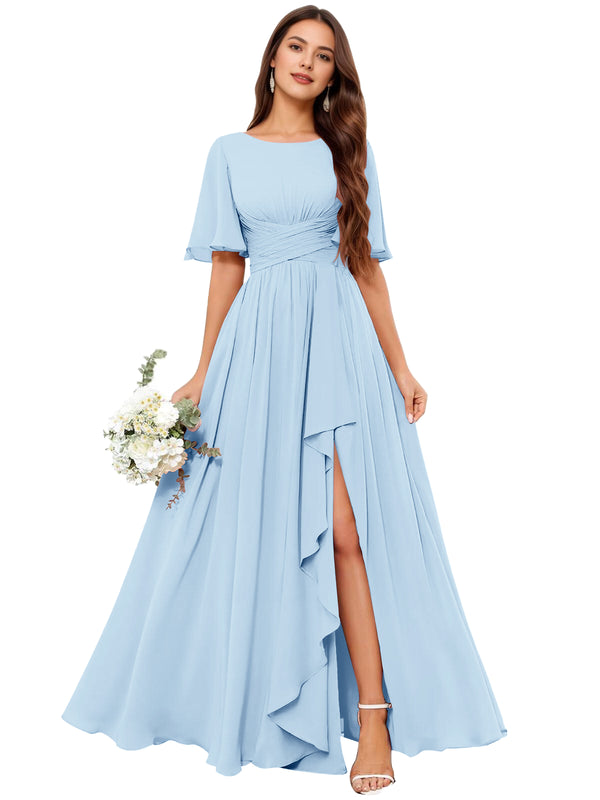 A-line Scoop Floor-Length Chiffon Bridesmaid Dress With Slit