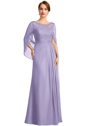 A-line Scoop Illusion Floor-Length Lace Chiffon Mother of the Bride Dress With Sequins Pleated
