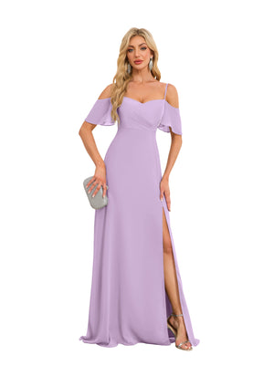 A-line Cold Shoulder Floor-Length Chiffon Bridesmaid Dress With Ruffle