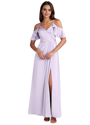A-line Cold Shoulder Floor-Length Satin Bridesmaid Dress With Ruffle