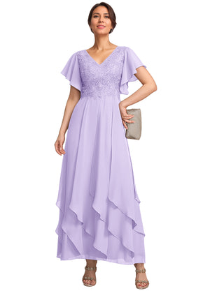 A-line V-Neck Ankle-Length Lace Chiffon Mother of the Bride Dress With Cascading Ruffles