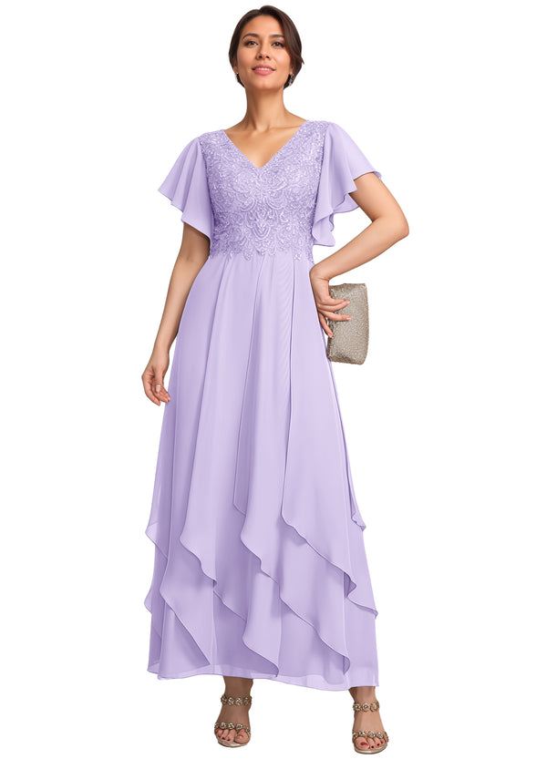 A-line V-Neck Ankle-Length Lace Chiffon Mother of the Bride Dress With Cascading Ruffles