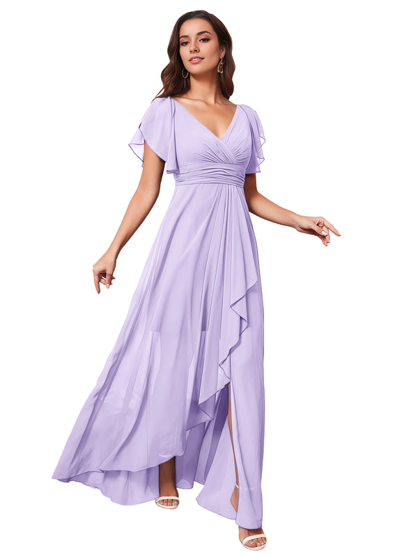 A-line V-Neck Floor-Length Chiffon Bridesmaid Dress With Ruffle