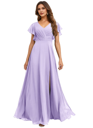 A-line V-Neck Floor-Length Chiffon Bridesmaid Dress With Ruffle