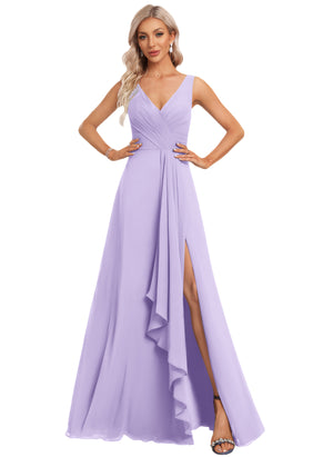 A-line V-Neck Floor-Length Chiffon Bridesmaid Dress with Ruffle