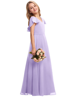 A-line V-Neck Floor-Length Chiffon Junior Bridesmaid Dress