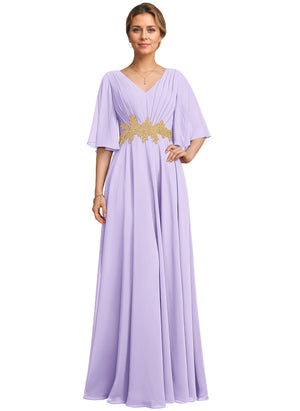 A-line V-Neck Floor-Length Chiffon Lace Mother of the Bride Dress With Sequins Beading