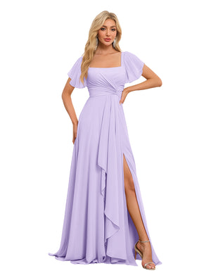 A-line Square Asymmetrical Chiffon Bridesmaid Dress