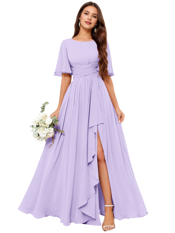A-line Scoop Floor-Length Chiffon Bridesmaid Dress With Slit