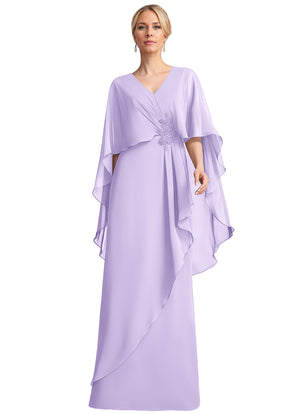 A-line V-Neck Floor-Length Chiffon Mother of the Bride Dress With Cascading Ruffles Beading