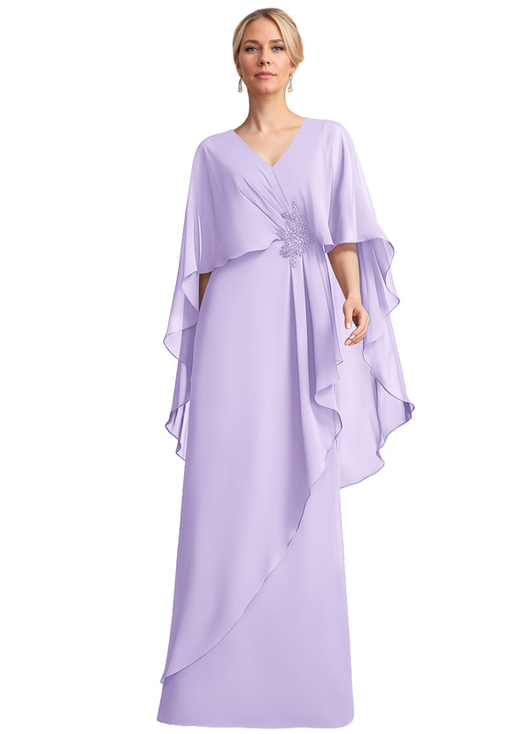A-line V-Neck Floor-Length Chiffon Mother of the Bride Dress With Cascading Ruffles Beading