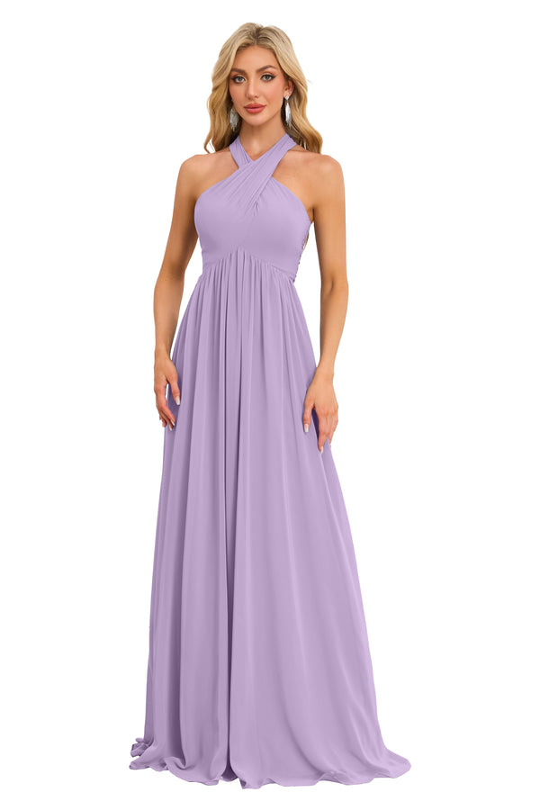 A-line Halter Floor-Length Chiffon Bridesmaid Dress With Ruffle