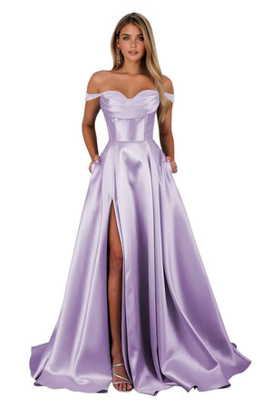 A-line Off the Shoulder Floor-Length Satin Prom Dresses