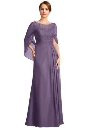 A-line Scoop Illusion Floor-Length Lace Chiffon Mother of the Bride Dress With Sequins Pleated