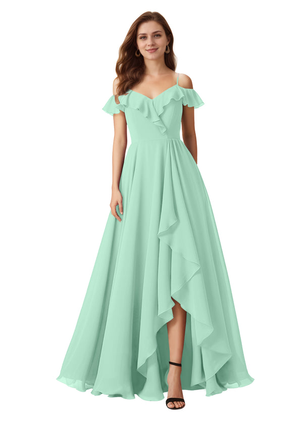 A-line Cold Shoulder Floor-Length Chiffon Bridesmaid Dress With Ruffle
