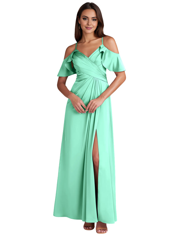 A-line Cold Shoulder Floor-Length Satin Bridesmaid Dress With Ruffle