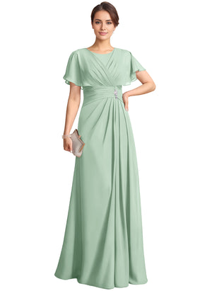 A-line Scoop Floor-Length Chiffon Mother of the Bride Dress With Pleated Beading