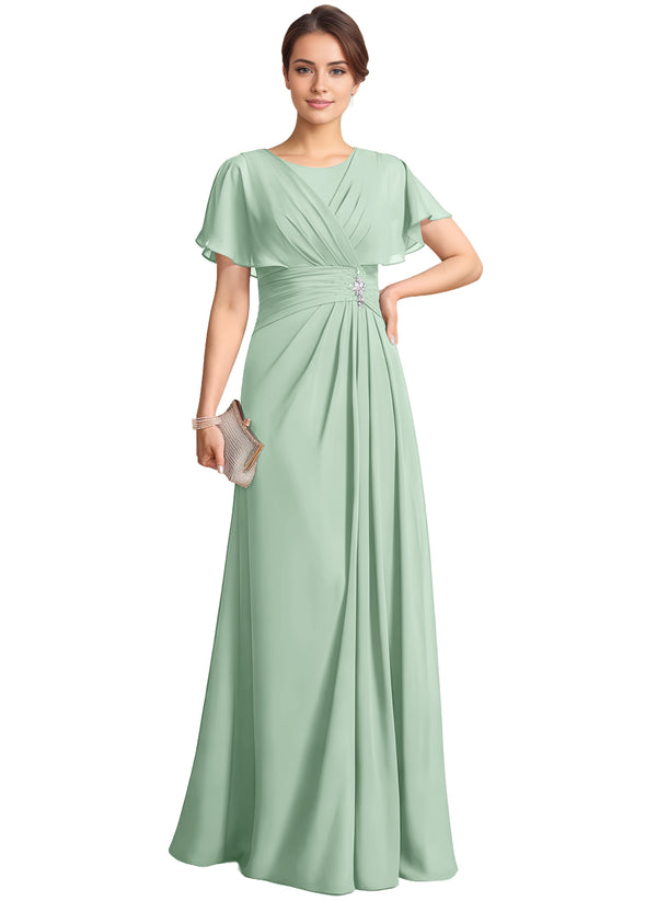 A-line Scoop Floor-Length Chiffon Mother of the Bride Dress With Pleated Beading