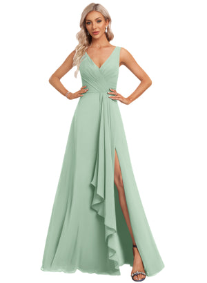 A-line V-Neck Floor-Length Chiffon Bridesmaid Dress with Ruffle