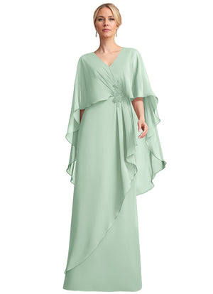 A-line V-Neck Floor-Length Chiffon Mother of the Bride Dress With Cascading Ruffles Beading