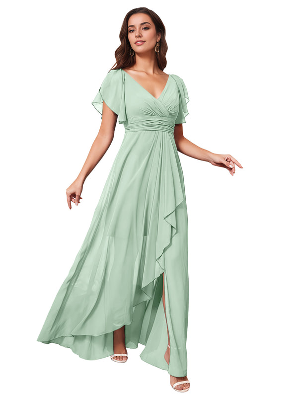 A-line V-Neck Floor-Length Chiffon Bridesmaid Dress With Ruffle