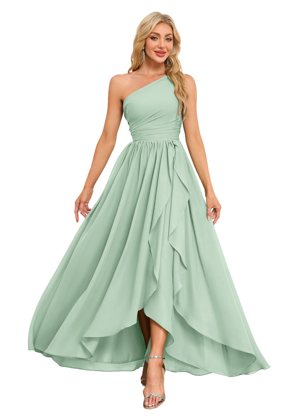 A-line One Shoulder Floor-Length Chiffon Bridesmaid Dress With Ruffle