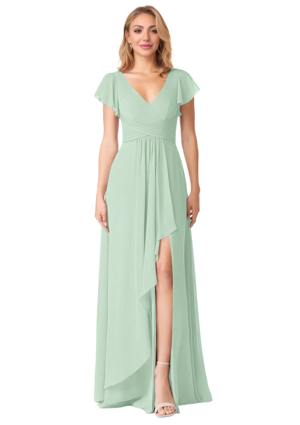 A-line V-Neck Floor-Length Chiffon Bridesmaid Dress With Ruffle